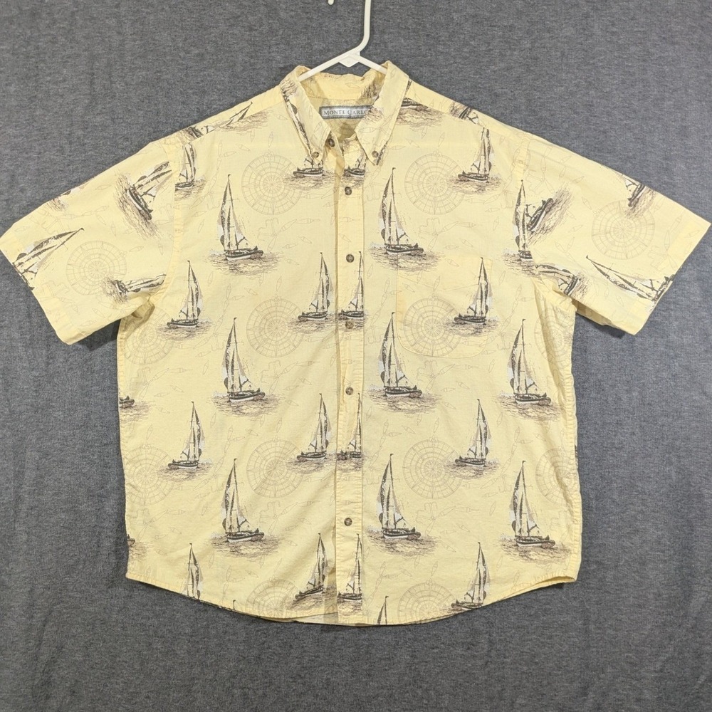 Monte Carlo Yellow Nautical Sailboat Print Cotton Short Sleeve Shirt Size XL